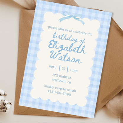 Blue Gingham Invitation for Women Birthday Party Dusty Blue Gingham Invite Scalloped Edge Modern Invitation Trendy Birthday Invite 0012