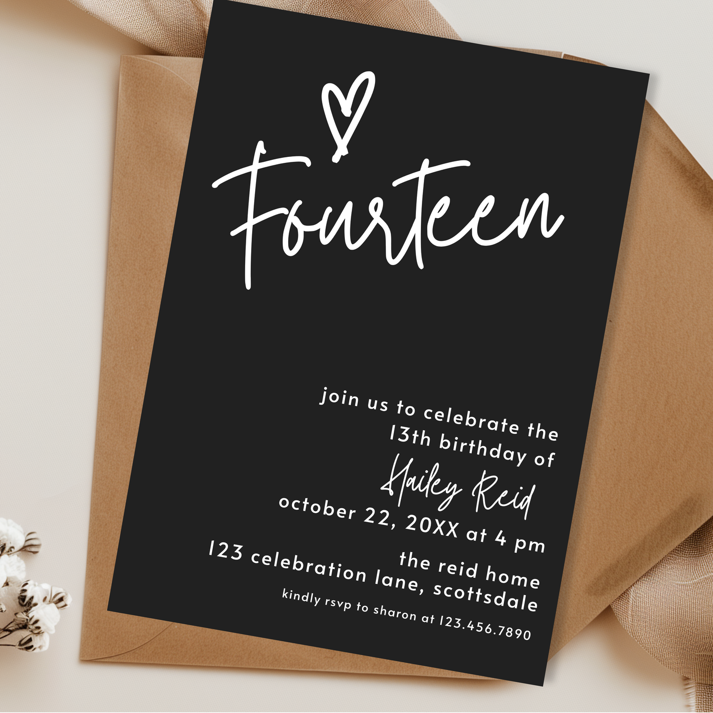 14th Birthday Charcoal Black Invite Template: Simple Teen Girl Printable Invitation 0013