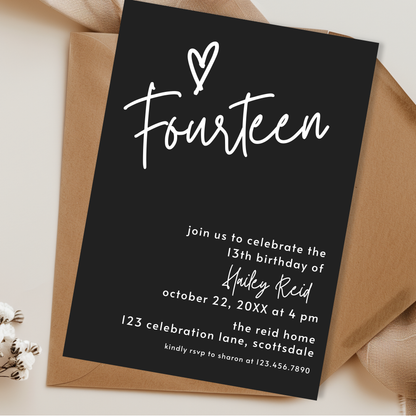 14th Birthday Charcoal Black Invite Template: Simple Teen Girl Printable Invitation 0013