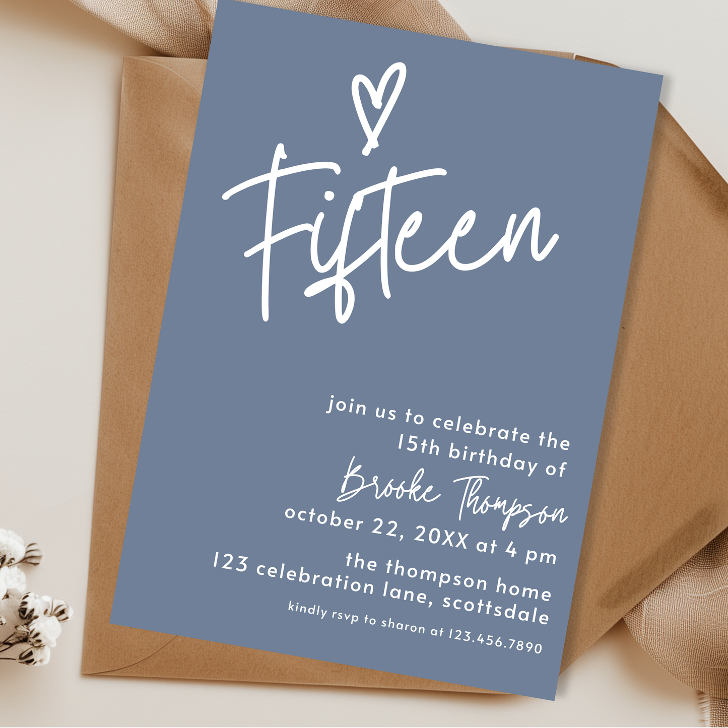 15th Birthday Girl Invite: Dusty Blue Printable Invitation Template 0011