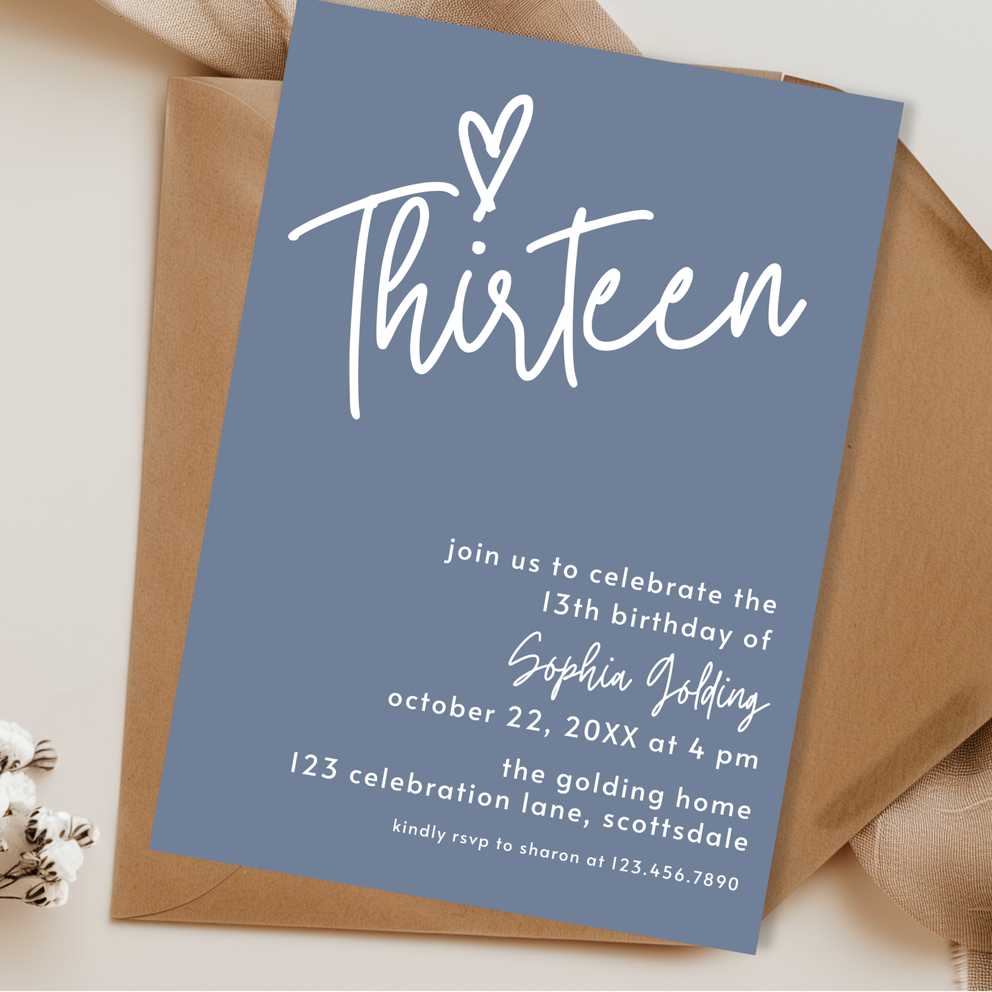 13th Birthday Invitation for Girl Dusty Blue Thirteen Birthday Invite Dusty Blue Birthday Teenager Simple Invitation Printable Template 0011