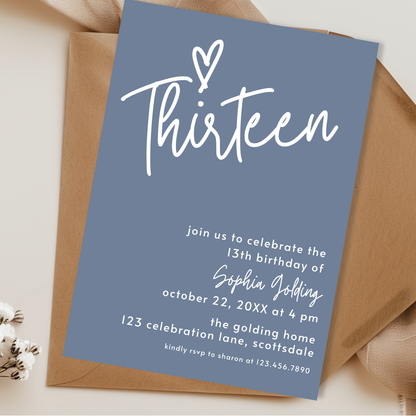13th Birthday Invitation for Girl Dusty Blue Thirteen Birthday Invite Dusty Blue Birthday Teenager Simple Invitation Printable Template 0011