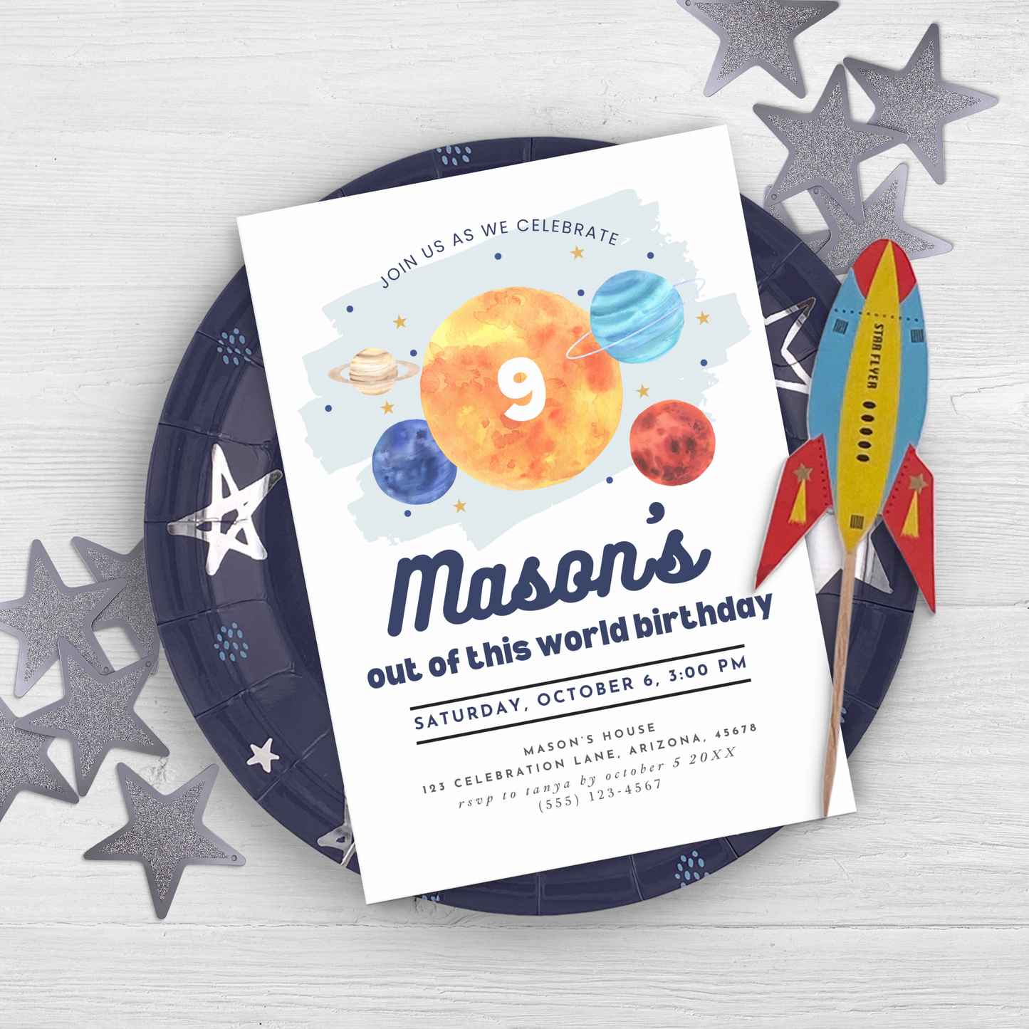 Space 9th Birthday Invitation Ninth Birthday Boy Invite Outer Space Party Galaxy Out of This World Birthday Party Solar System Party 0001