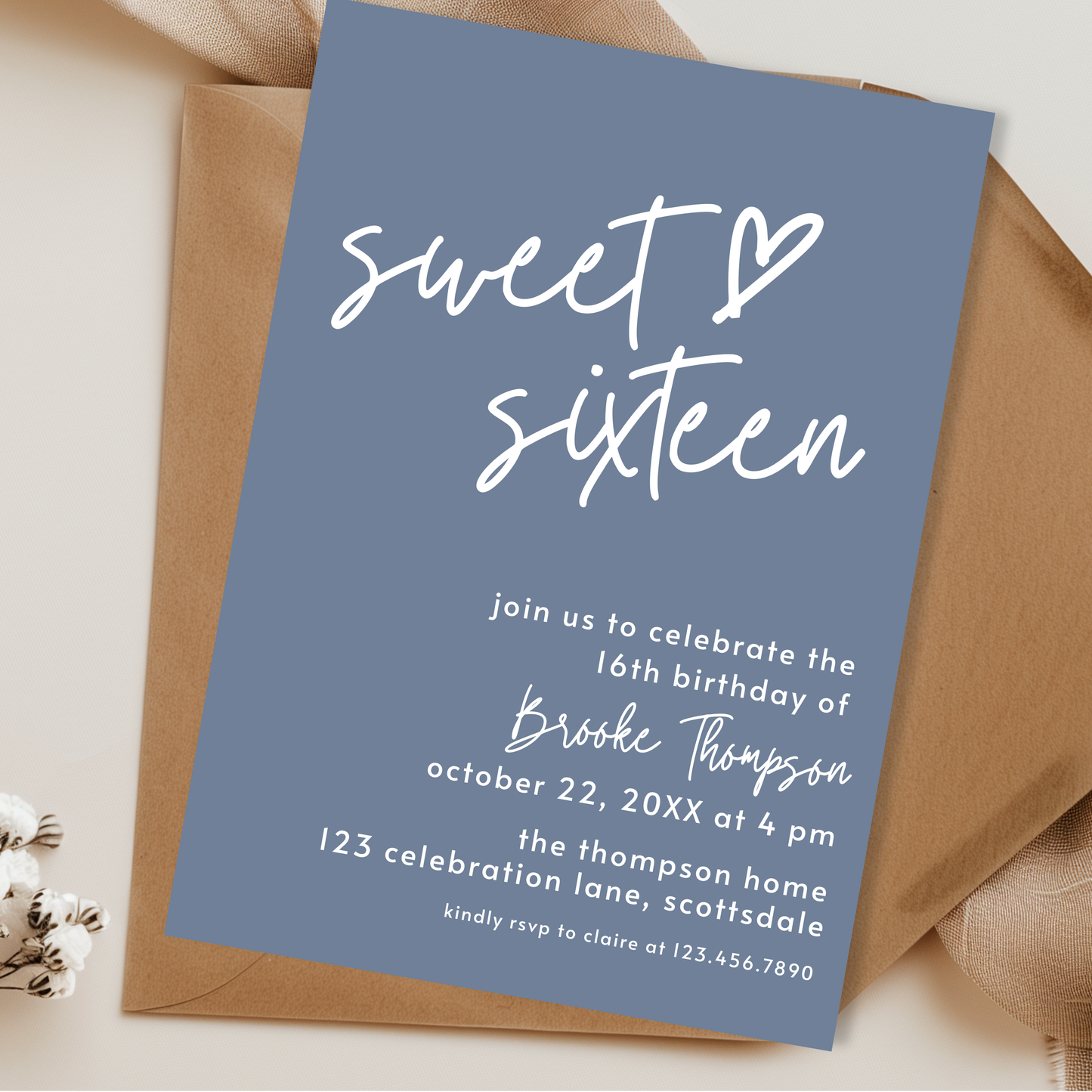 16th Birthday Invitation for Girl Dusty Blue Sweet Sixteen Invite Dusty Blue Birthday for Teenager Simple Invitation Printable Template 0011