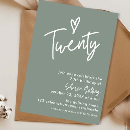 20th Birthday Invitation Sage Green Twentieth Birthday Invite for Woman Simple Elegant Invitation Printable Template Modern Adult 0014