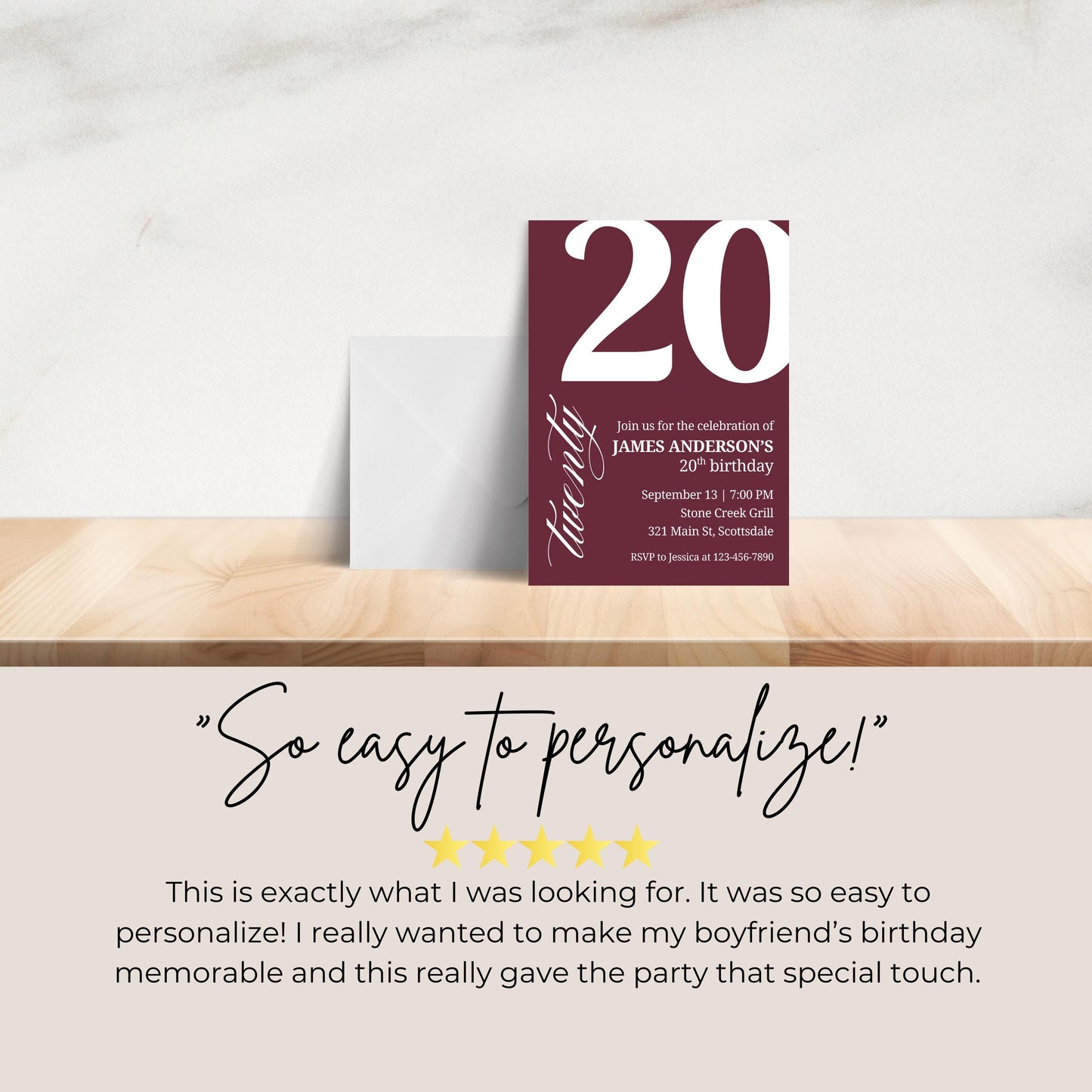 20th Birthday Invite for Men Invitation for 20 Birthday Masculine Birthday Dinner Invite Maroon Adult Milestone Birthday Editable 0007