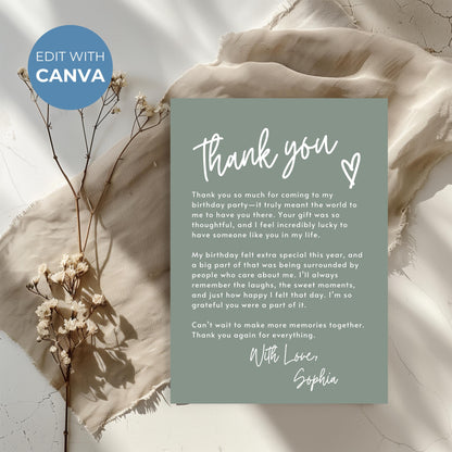 Sage Green Thank You Note Birthday Template Editable Teenage Girl Thank You Card Simple Modern Party Boho Thank You Letter Celebration 0003