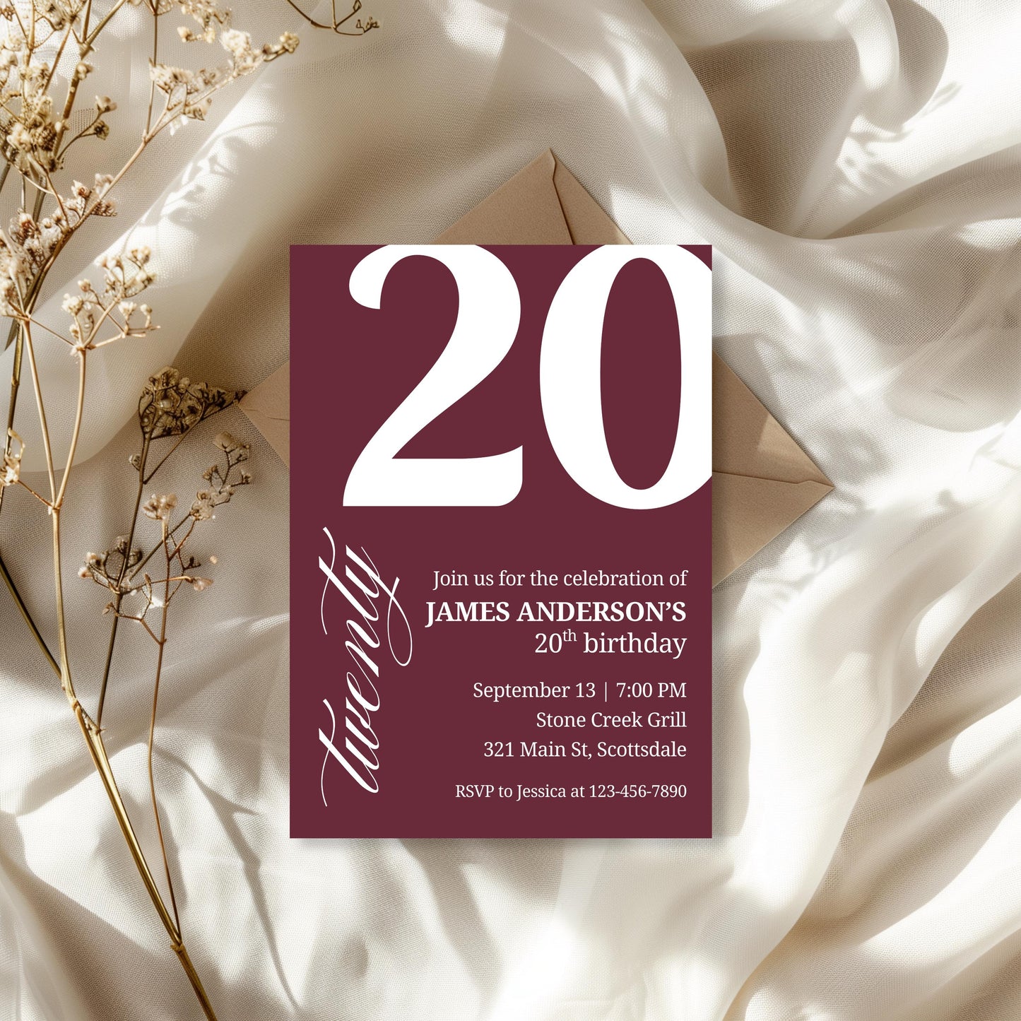 20th Birthday Invite for Men Invitation for 20 Birthday Masculine Birthday Dinner Invite Maroon Adult Milestone Birthday Editable 0007