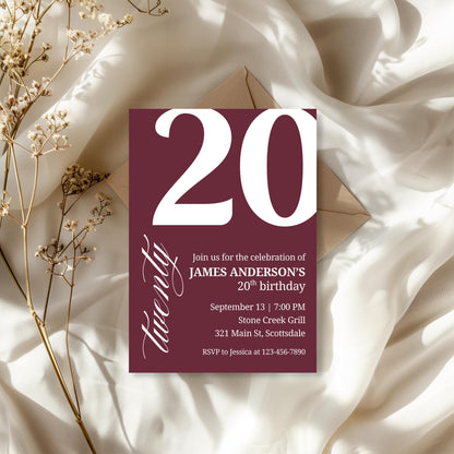 20th Birthday Invite for Men Invitation for 20 Birthday Masculine Birthday Dinner Invite Maroon Adult Milestone Birthday Editable 0007