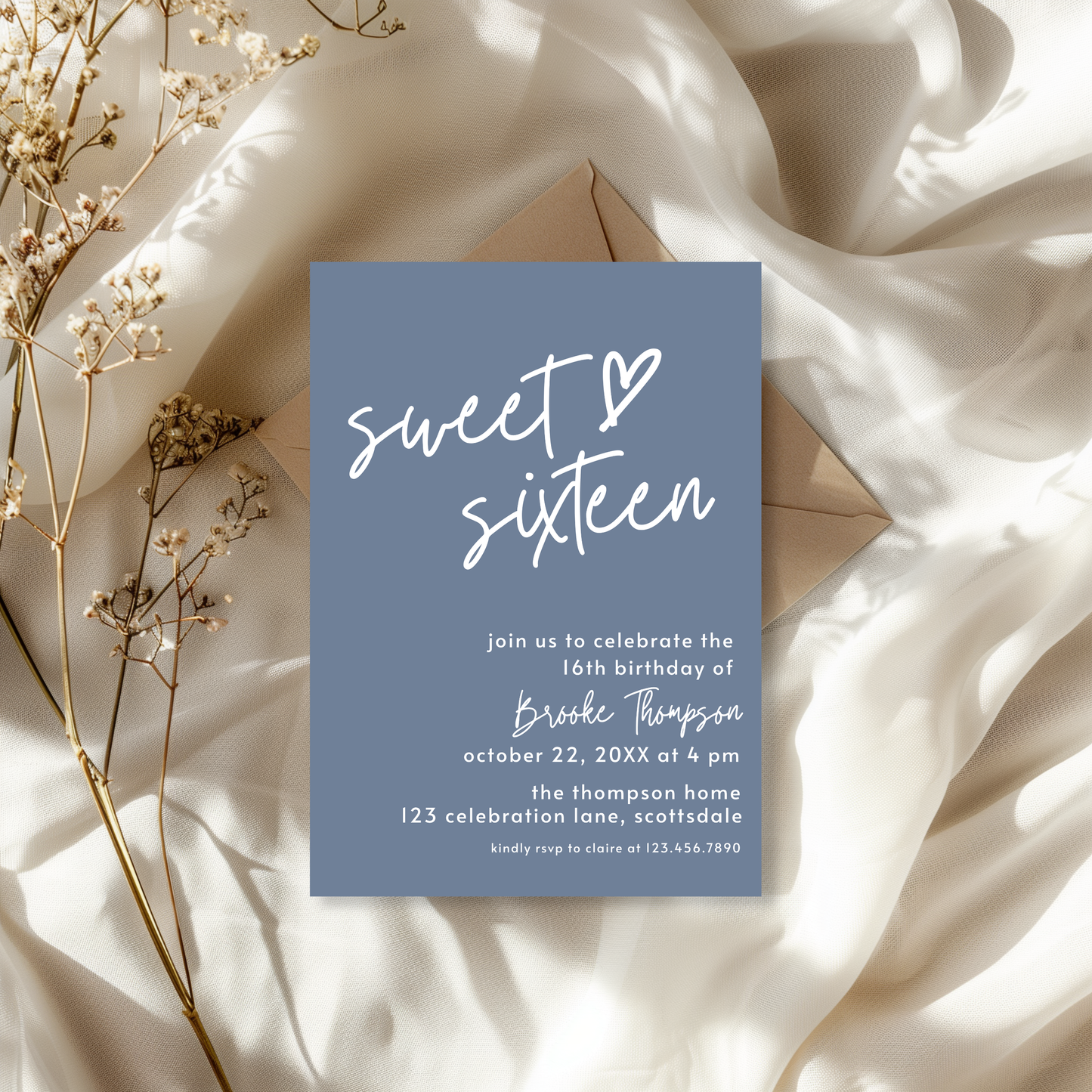 16th Birthday Invitation for Girl Dusty Blue Sweet Sixteen Invite Dusty Blue Birthday for Teenager Simple Invitation Printable Template 0011