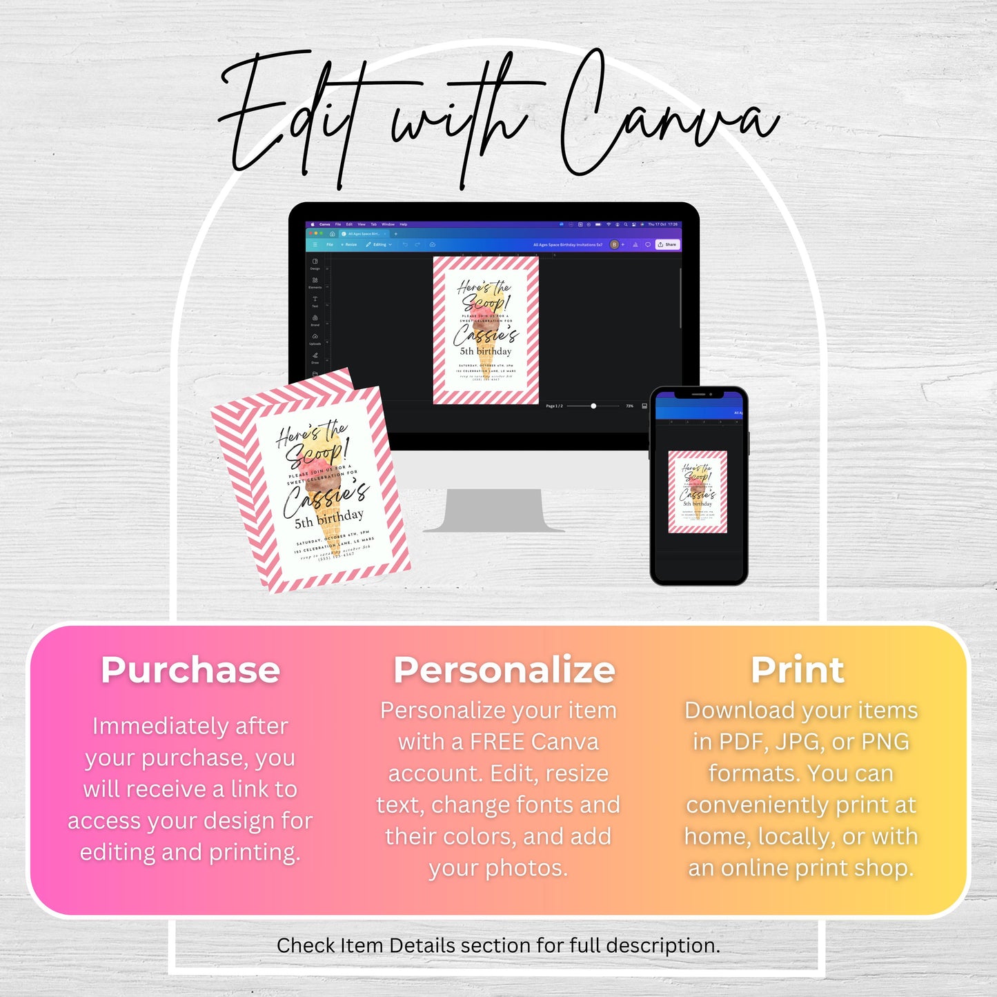 Here's the Scoop Invitation Ice Cream Birthday Party Invite Fifth Birthday Invite Template Girls Sweet Birthday Party 5th Birthday 0002