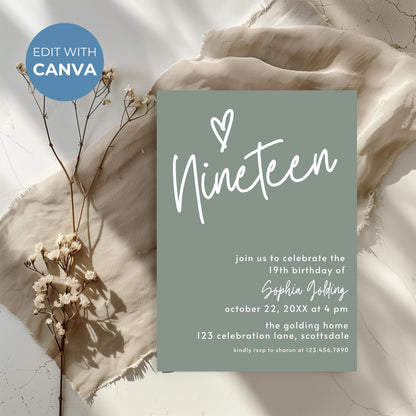 19th Birthday Invitation for Girl Sage Green Nineteen Invite Sage Green Birthday for Teenager Simple Modern Adult Invitation Printable 0003