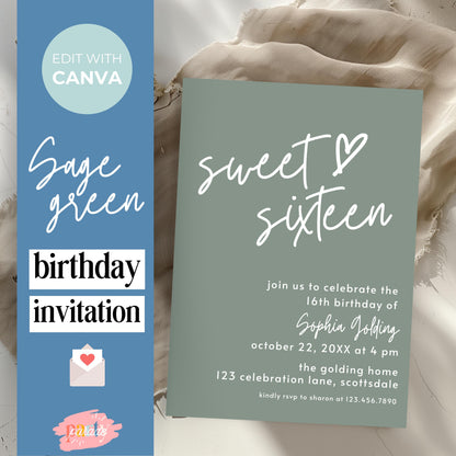 16th Birthday Invitation for Girl Sage Green Sweet Sixteen Invite Sage Green Birthday for Teenager Simple Invitation Printable Template 0003