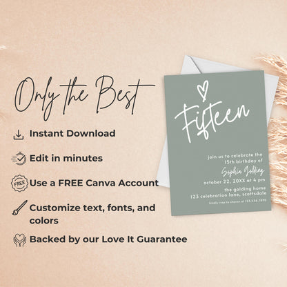 15th Birthday Invitation Sage Green Fifteenth Birthday Invite for Teenager Simple Elegant Invitation Printable Template Modern Girl 0003