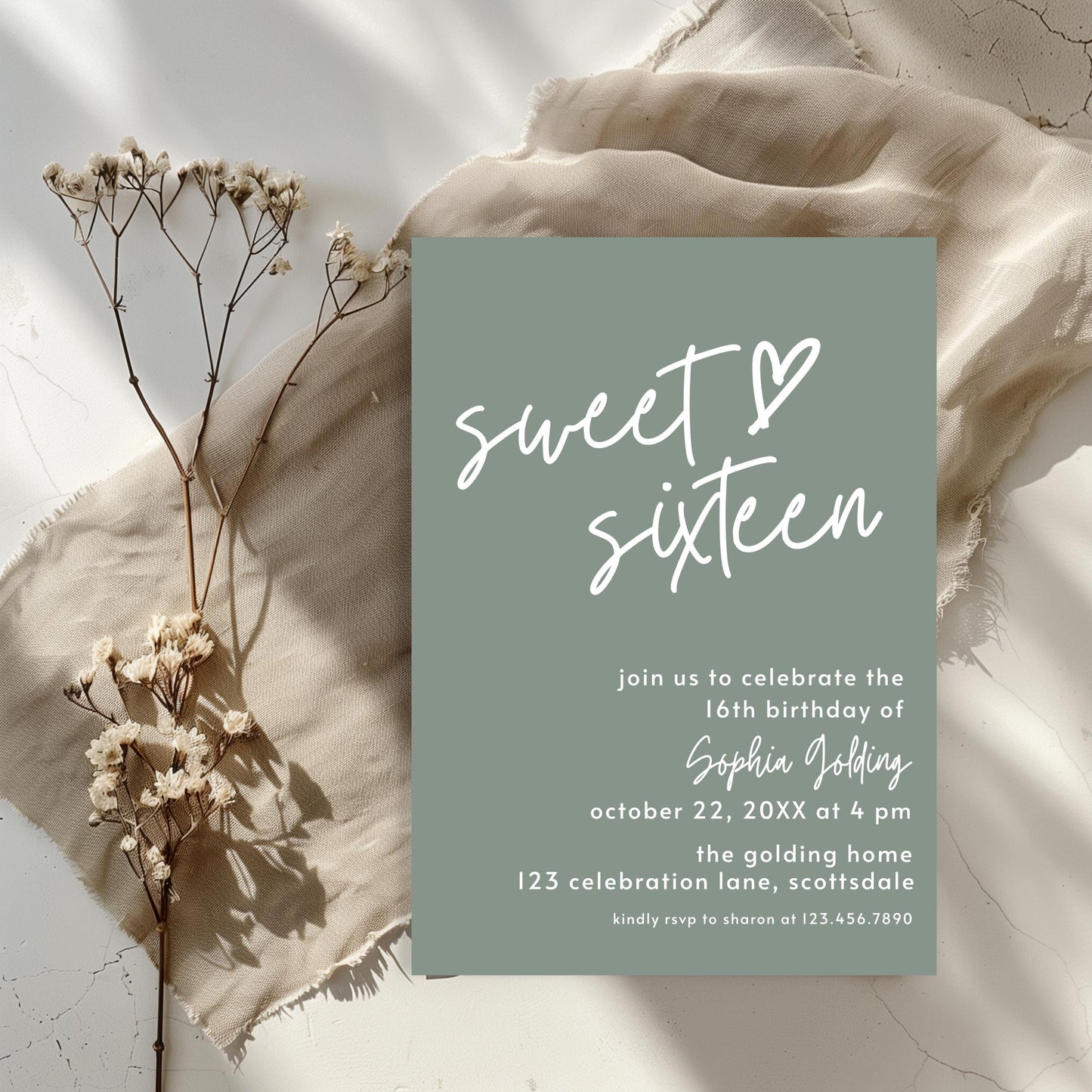 16th Birthday Invitation for Girl Sage Green Sweet Sixteen Invite Sage Green Birthday for Teenager Simple Invitation Printable Template 0003