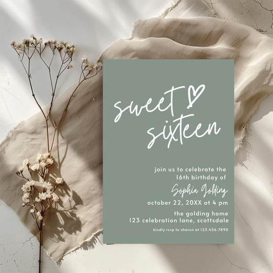 16th Birthday Invitation for Girl Sage Green Sweet Sixteen Invite Sage Green Birthday for Teenager Simple Invitation Printable Template 0003