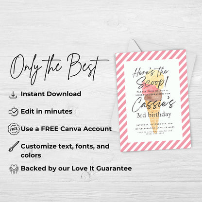 Here's the Scoop Invitation Ice Cream Birthday Party Invite Third Birthday Invite Template Girls Sweet Birthday Party 3rd Birthday 0002