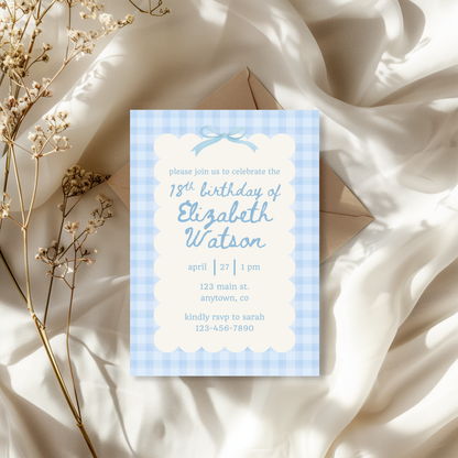 18th Birthday Blue Gingham Invite Template: Simple Women's Invitation Printable 0012