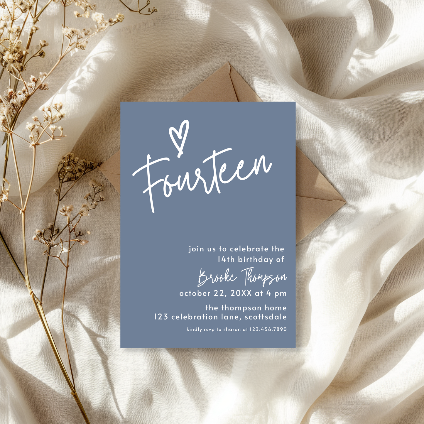 14th Birthday Dusty Blue Invite Template: Simple Teen Girl Printable Invitation 0011