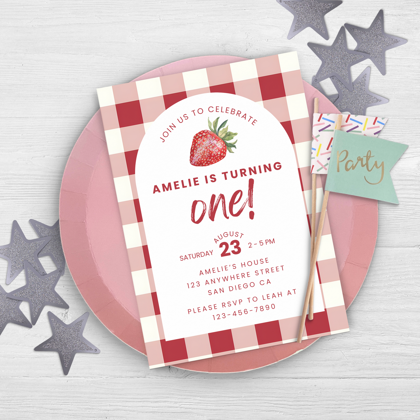 Strawberry Birthday Invitation: First Birthday Girl Editable Printable Invite 0010