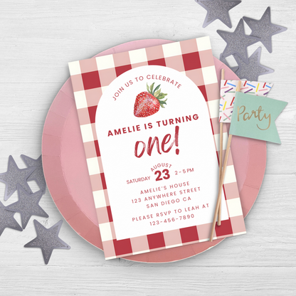 Strawberry Birthday Invitation: First Birthday Girl Editable Printable Invite 0010