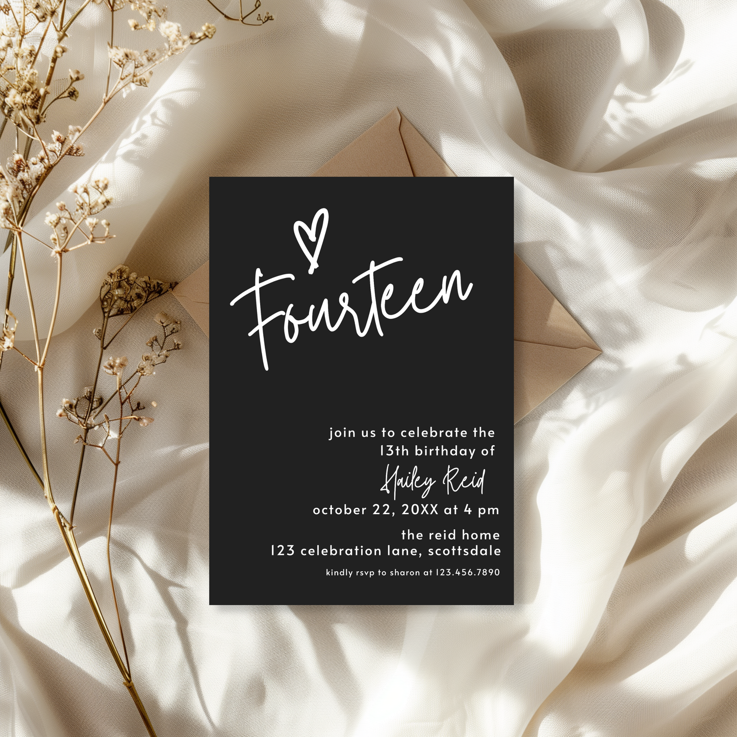 14th Birthday Charcoal Black Invite Template: Simple Teen Girl Printable Invitation 0013