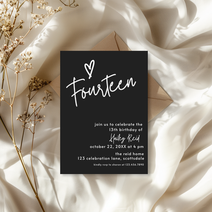14th Birthday Charcoal Black Invite Template: Simple Teen Girl Printable Invitation 0013