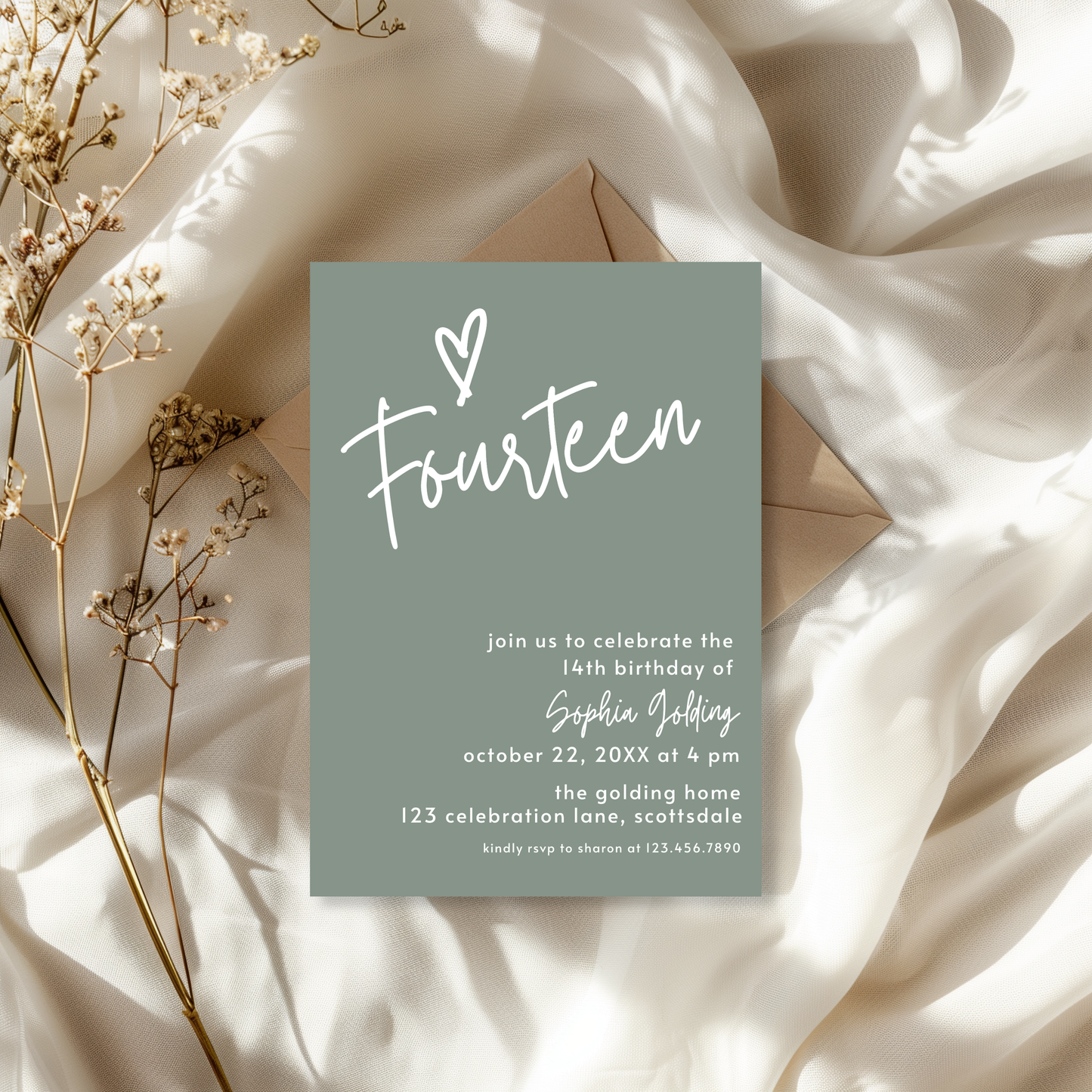 14th Birthday Photo Invitation Sage Green: Fourteenth Birthday Printable Invite for Teenager 0003