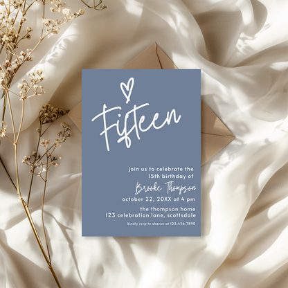 15th Birthday Girl Invite: Dusty Blue Printable Invitation Template 0011