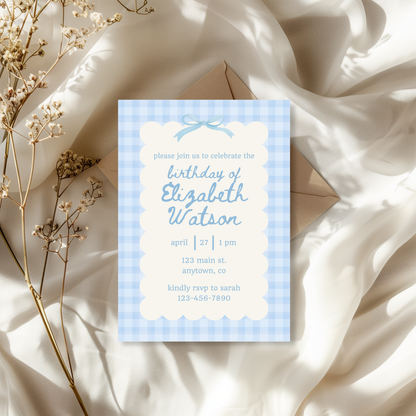 Blue Gingham Invitation for Women Birthday Party Dusty Blue Gingham Invite Scalloped Edge Modern Invitation Trendy Birthday Invite 0012