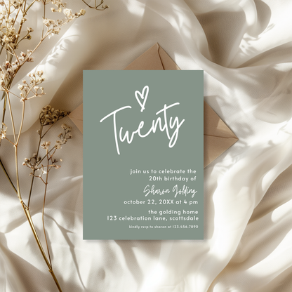 20th Birthday Invitation Sage Green Twentieth Birthday Invite for Woman Simple Elegant Invitation Printable Template Modern Adult 0014