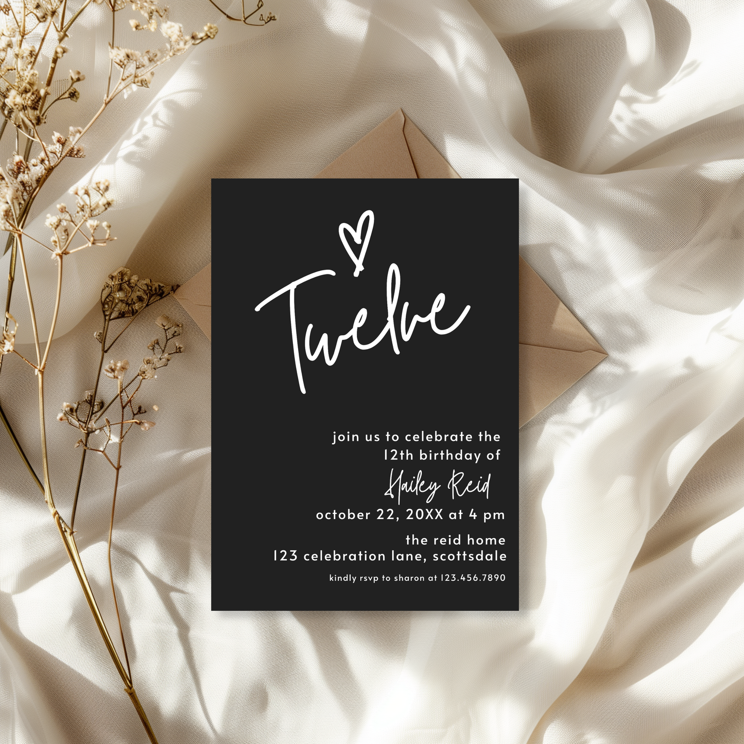 12th Birthday Invite Template: Simple Teen Girl Invitation Printable 0013