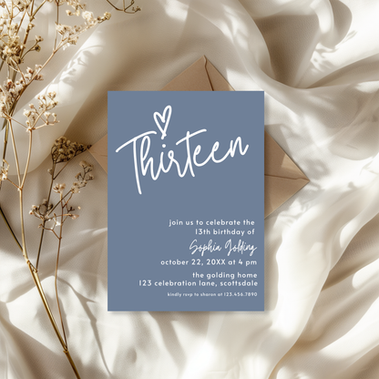 13th Birthday Invitation for Girl Dusty Blue Thirteen Birthday Invite Dusty Blue Birthday Teenager Simple Invitation Printable Template 0011