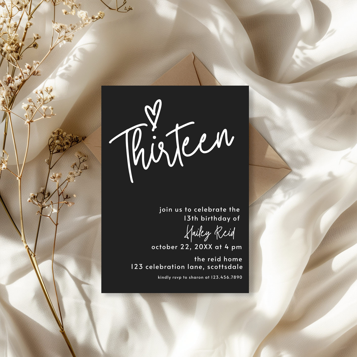 13th Birthday Charcoal Black Invite Template: Simple Teen Girl Printable 0013