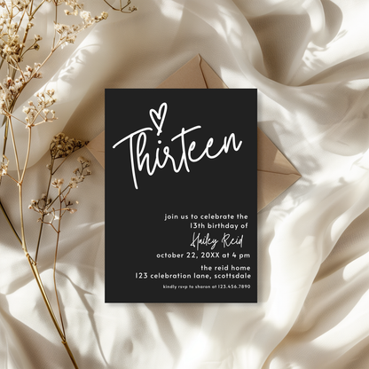 13th Birthday Charcoal Black Invite Template: Simple Teen Girl Printable 0013