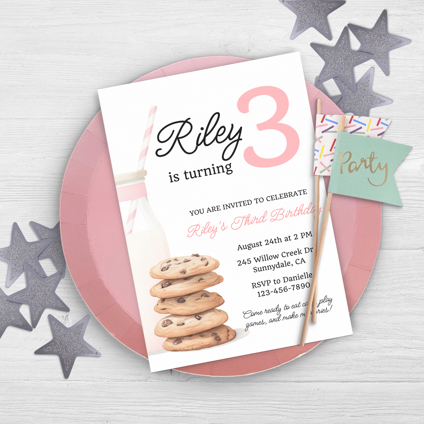 Cookies and Milk 3rd Birthday Invite: Printable Invitation Template 0009