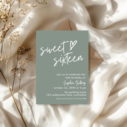 16th Birthday Invitation for Girl Sage Green Sweet Sixteen Invite Sage Green Birthday for Teenager Simple Invitation Printable Template 0003