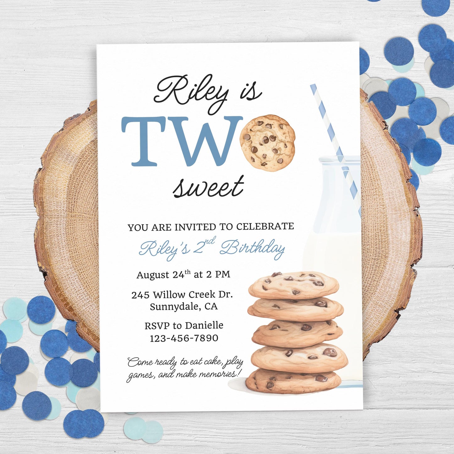 Two Sweet Cookie Birthday Invitation Second Birthday Milk Cookies Party 2nd Birthday Cookie Sweet Celebration Toddler Boy Birthday Cute 0005
