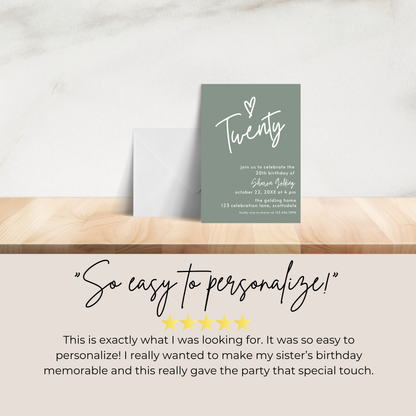 20th Birthday Invitation Sage Green Twentieth Birthday Invite for Woman Simple Elegant Invitation Printable Template Modern Adult 0014