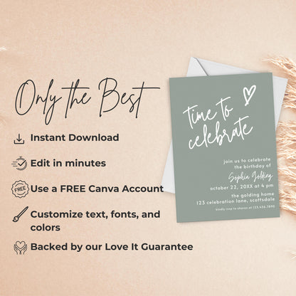 Sage Green Invite Time to Celebrate Birthday Invitation for Girl Sage Green Birthday Teenager Simple Modern Adult Invitation Printable 0003