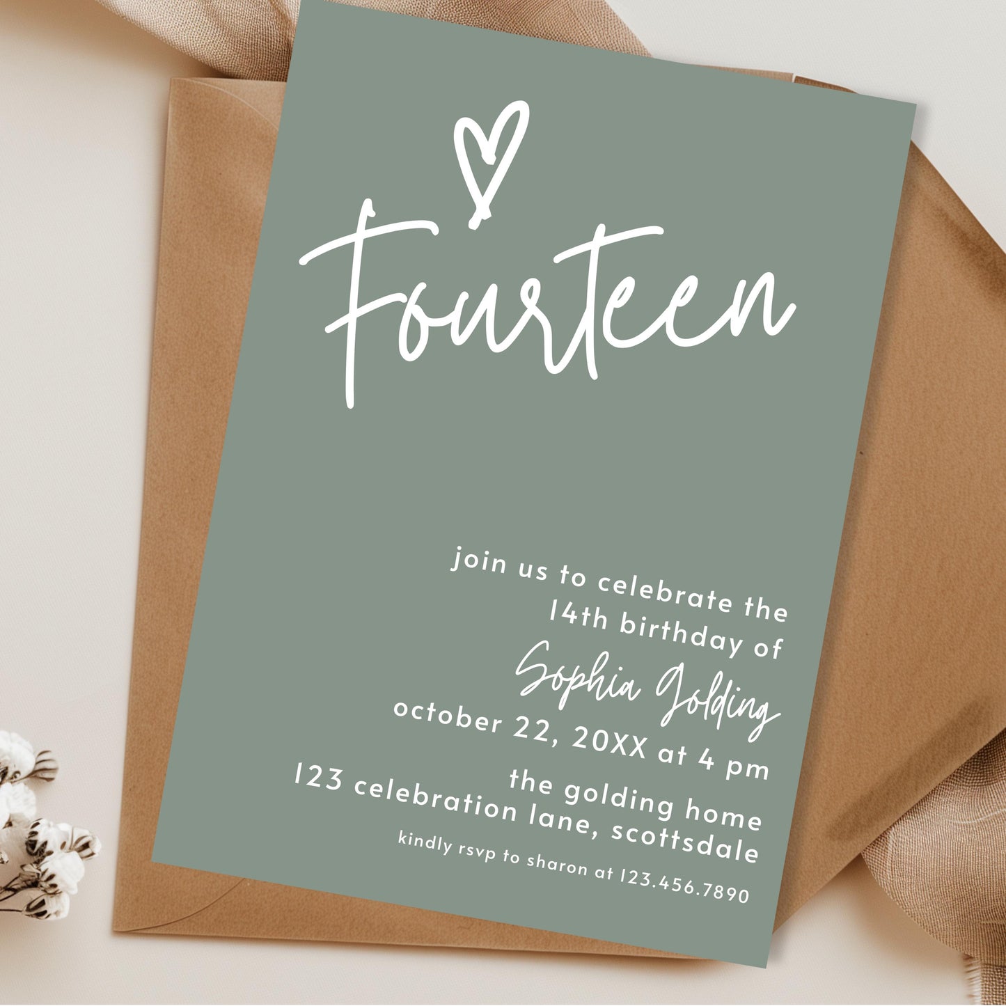 14th Birthday Invitation Sage Green Fourteenth Birthday Invite for Teenager Simple Elegant Invitation Printable Template Modern Girl 0003