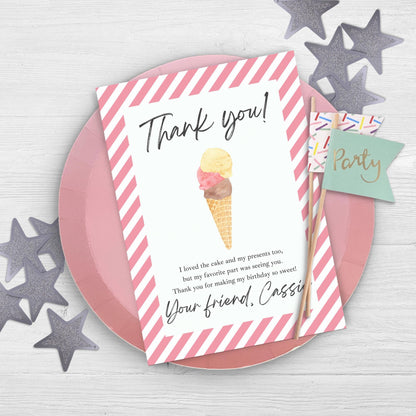 Thank You Note Here's the Scoop Birthday Template Editable Scoops of Fun Thank You Card Ice Cream Theme Birthday Party Sweet Girl 0002