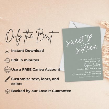 16th Birthday Invitation for Girl Sage Green Sweet Sixteen Invite Sage Green Birthday for Teenager Simple Invitation Printable Template 0003