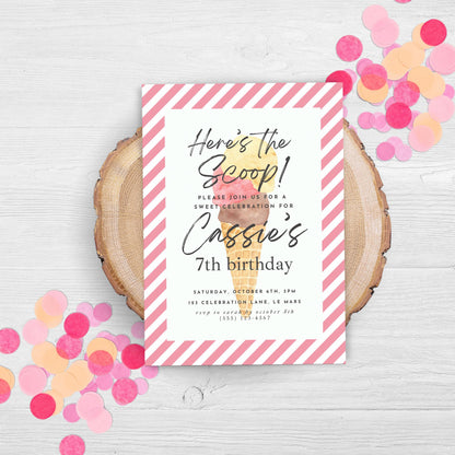 Here's the Scoop Invitation Ice Cream Birthday Party Invite Seventh Birthday Invite Template Girls Sweet Birthday Party 7th Birthday 0002