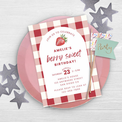 Berry Sweet Birthday Invitation Strawberry Birthday Invitation Berry Sweet Birthday Invite Berry Sweet Birthday Strawberry Gingham 0010