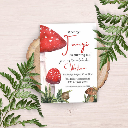 Fungi Birthday Invitation Sixth Birthday Mushroom Party Invite Woodland Birthday Invitation Whimsical Cottagecore 6th Birthday Fun Guy 0004