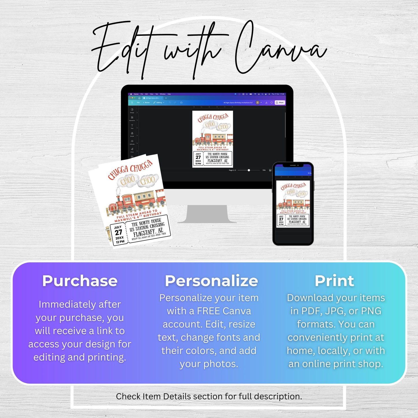 Chugga Chugga Choo Choo Birthday Invitation Train Party Birthday Invite Train All Aboard 4th Birthday Full Steam Ahead Fourth Birthday 0006