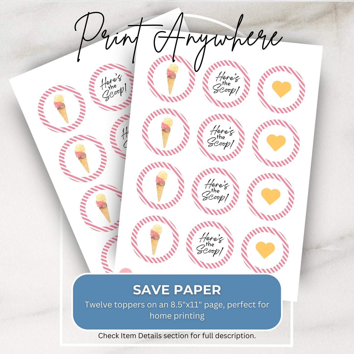 Here's the Scoop Cupcake Toppers Birthday Ice Cream Party Decorations Scoops of Fun Birthday Decor Party Supplies Sweet Cake Topper 0002