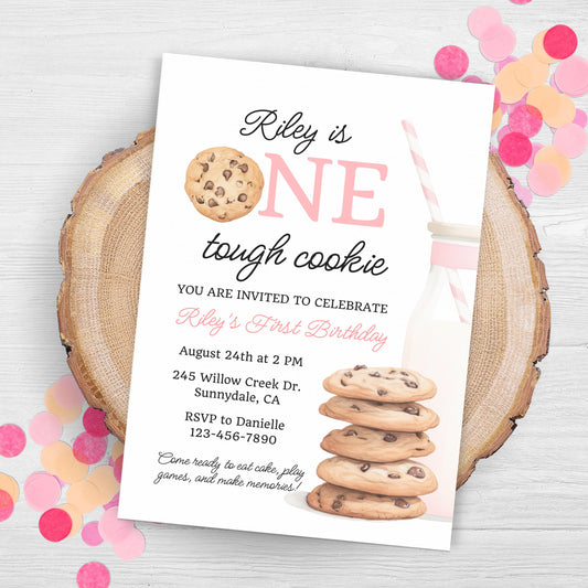 One Tough Cookie Birthday Invitation First Birthday Girl Milk Cookies Party 1st Birthday Cookie Sweet Celebration Toddler Birthday Cute 0009