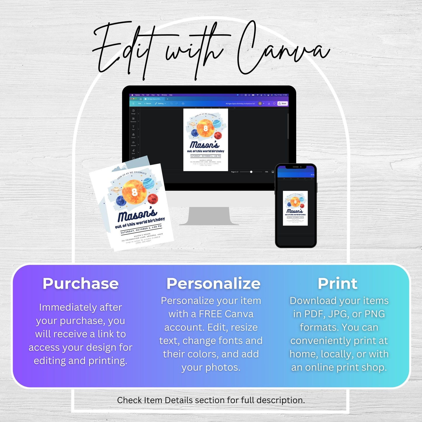 Space 8th Birthday Invitation Eighth Birthday Boy Invite Outer Space Party Galaxy Out of This World Birthday Party Solar System Party 0001